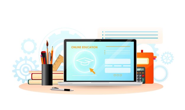 ベクトル 筆記用具を備えた職場の本電卓と定規のスタック青い背景とオレンジ色のテキストを持つウェブサイト上の青い画面でラップトップを開く白い背景に大きな歯車ベクトル図