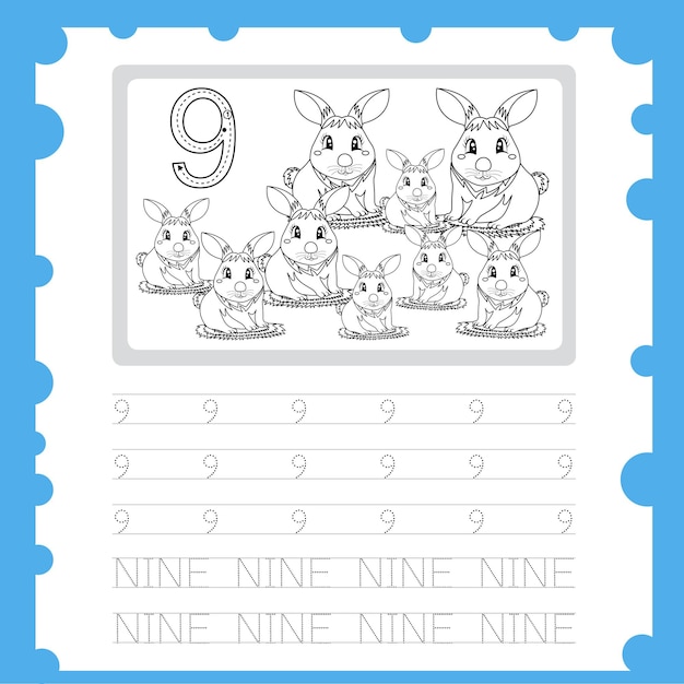 worksheet education Writing practice number and coloring for kid nine