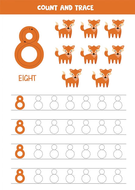 かわいいキツネと数字を学ぶためのワークシート。ナンバー8。