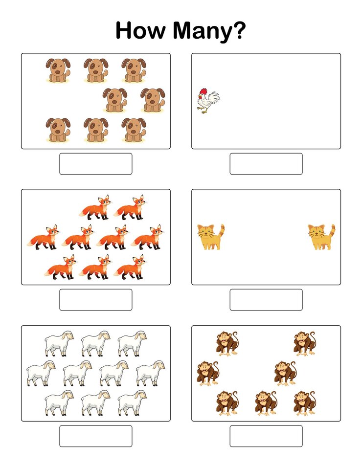 The worksheet is an educational game for kids that teaches them how many animals are on each table.