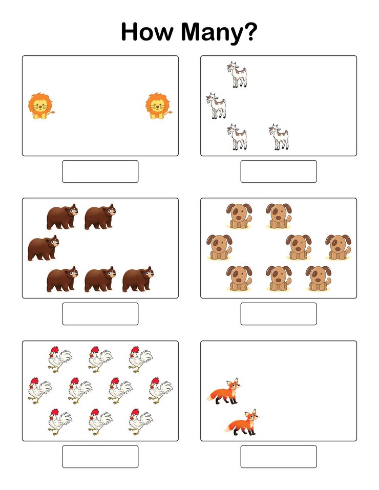 The worksheet is an educational game for kids that teaches them how many animals are on each table.