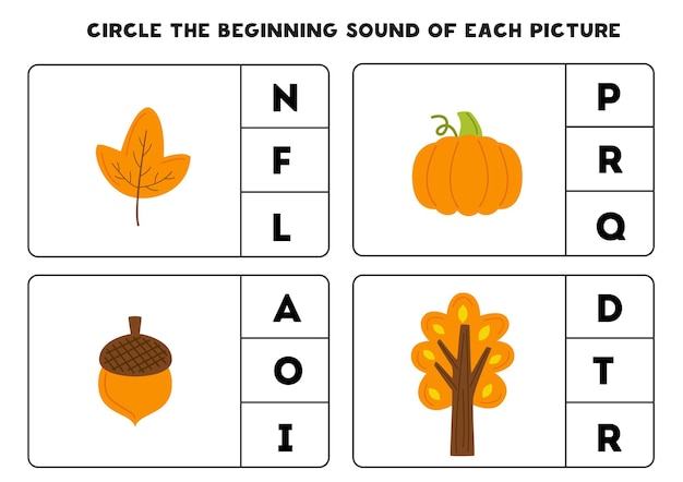 Worksheet for kids find the beginning sound of autumn elements