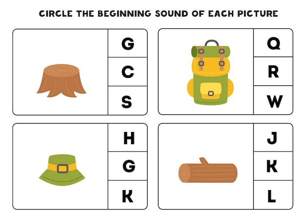 Worksheet for kids Find the beginning sound of camping elements