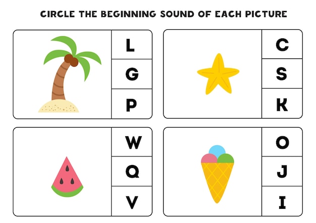 Worksheet for kids. Find the beginning sound of cute summer elements.