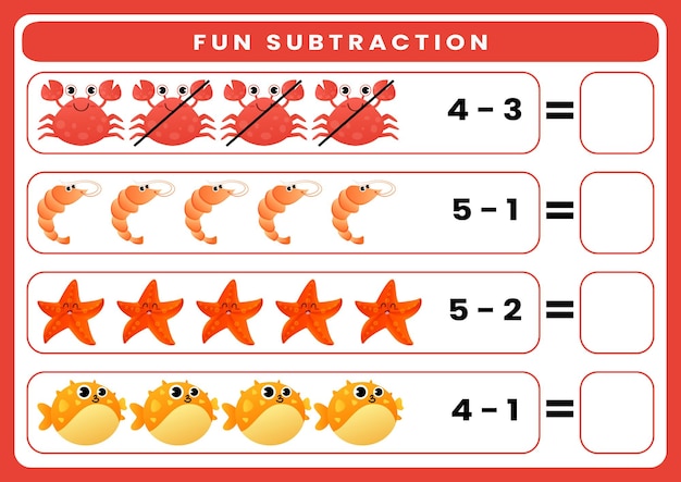 worksheet for kids fun subtraction by counting and eliminating cute cartoon sea animal