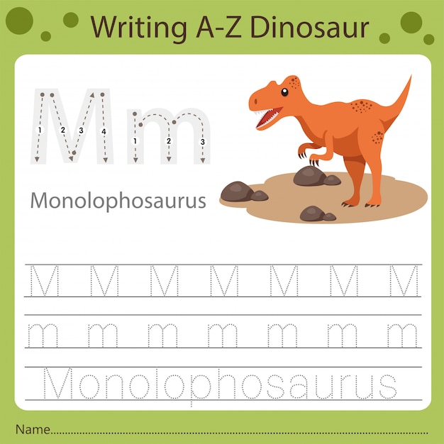 Foglio di lavoro per bambini, scritto az dinosauro m