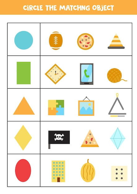 Worksheet for learning geometrical shapes. matching objects.