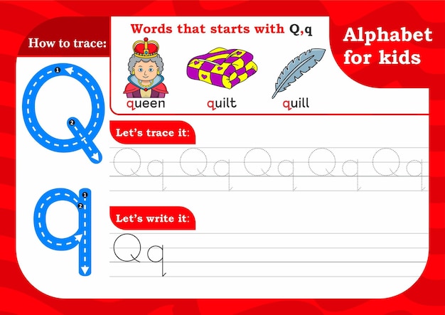 Foglio di lavoro lettera q pratica di ricalco alfabetico lettera q lettera q tracciamento maiuscolo e minuscolo