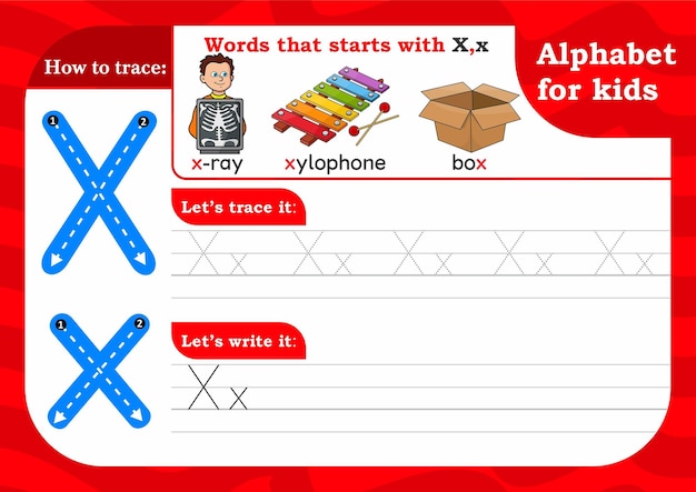 ワークシート文字Xアルファベットトレースの練習文字X文字X大文字と小文字のトレース