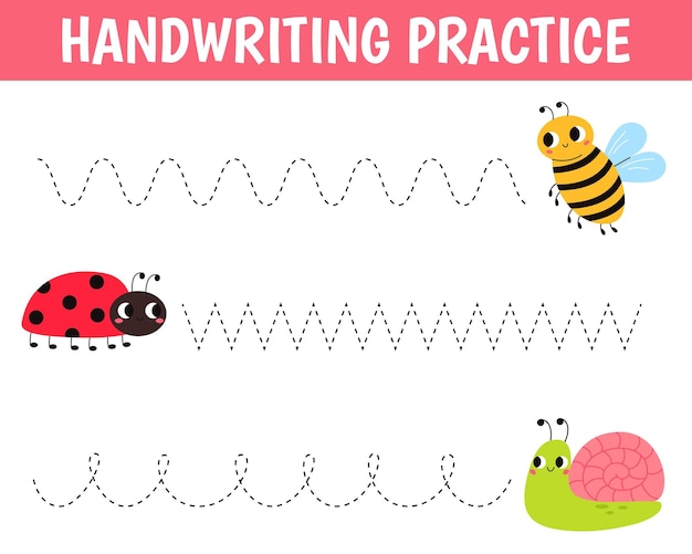 Vector worksheet for practicing fine kids motor skills handwriting practice educational game for kids insects ladybug bee and snail