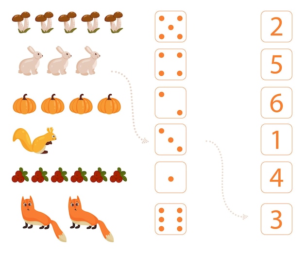 Worksheet for teaching mathematics and numeracy on the topic of autumn. For preschool children and kindergarten children who study numbers and counting. Vector illustration