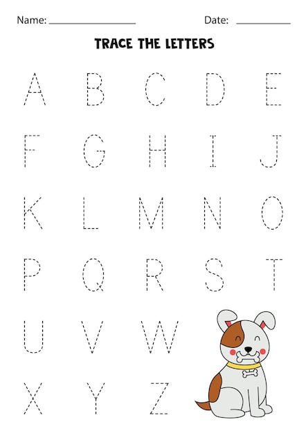 Worksheet with cute brown dog trace uppercase letters of alphabet