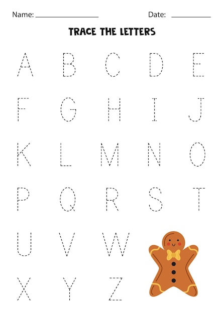 Worksheet with gingerbread cookie Trace uppercase letters of alphabet