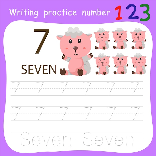 Vector worksheet writing practice number seven animal