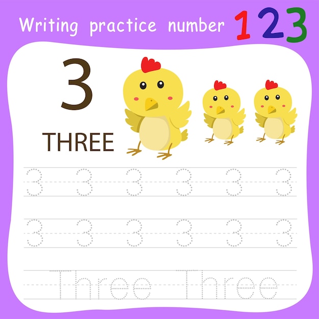 Vector worksheet writing practice number three animal