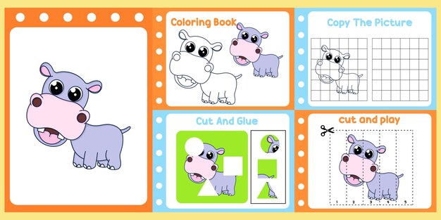 Worksheets pack for kids with hippo vector children39s study book