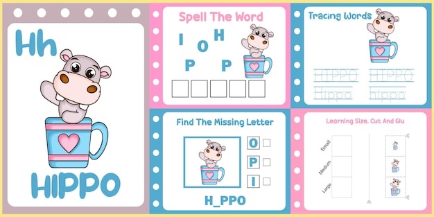 Worksheets pack for kids with hippo vector