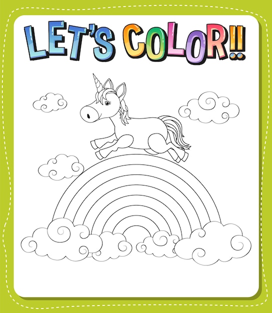 Vector worksheets template with color time text and unicorn outline