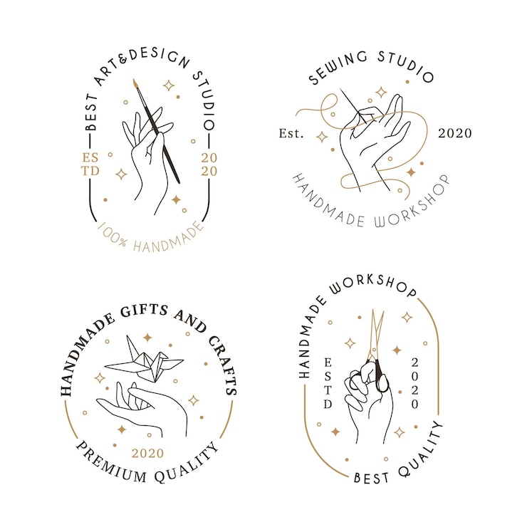 Vector workshop signs art design and sewing linear emblems handmade gifts and crafts logo minimalist hobbies and creativity black and gold badges handiwork shop hands holding tools vector isolated set