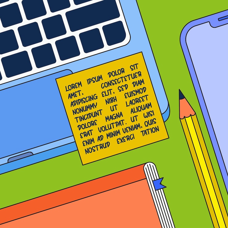 Vector workspace desk with laptop pencil phone book and sticky note illustration