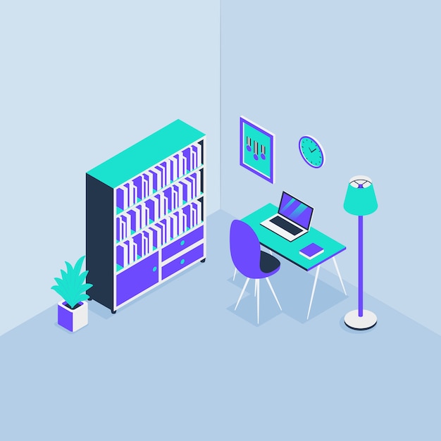 Vector workspace for freelancer concept with table notebook laptop and bookshelf with modern isometric style