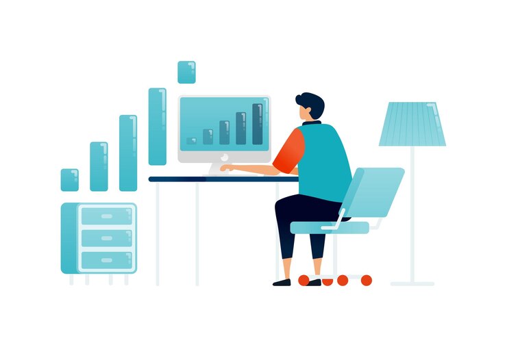 Vector workspace illustration of businessman working behind desk and reviewing companies financial charts
