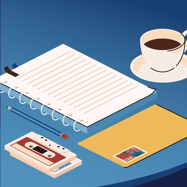 Vettore illustrazione vettoriale del concetto isometrico dell'area di lavoro, matita per notebook, caffè, cassetta compatta per posta