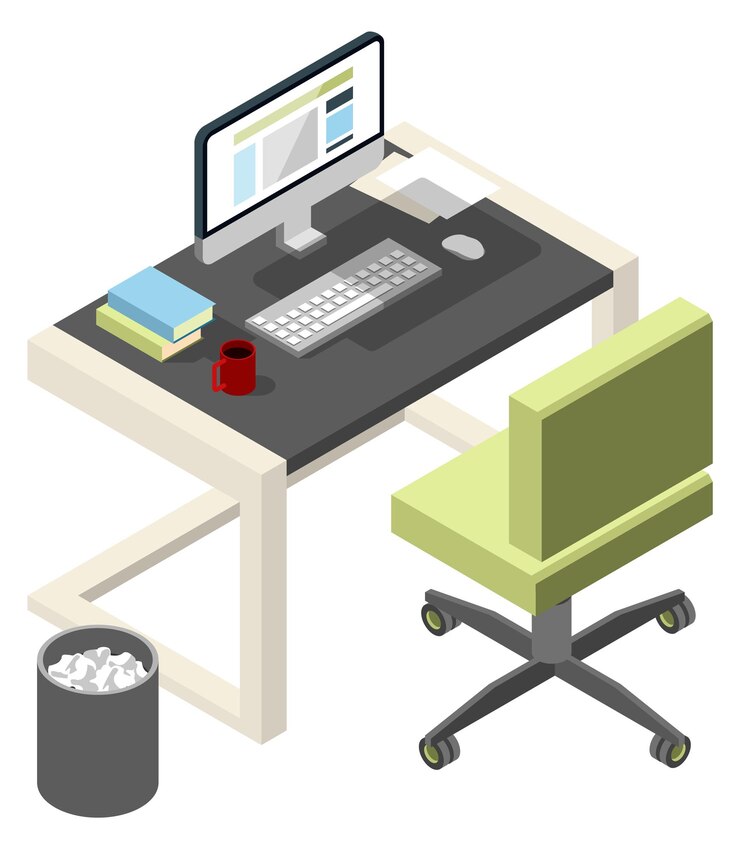 Vector workspace isometric icon office desk with computer and chair