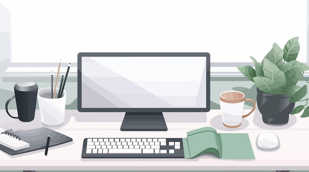 Workspace office with computer and hot coffee in flat vector illustration