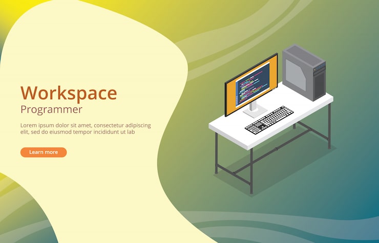 Vector workspace programmer or developer with coding on screen
