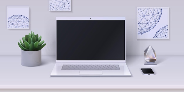 workspace realistic desktop with modern devices and office stationery home workplace phone and laptop on table decorated with room flower statuette and pictures vector interior