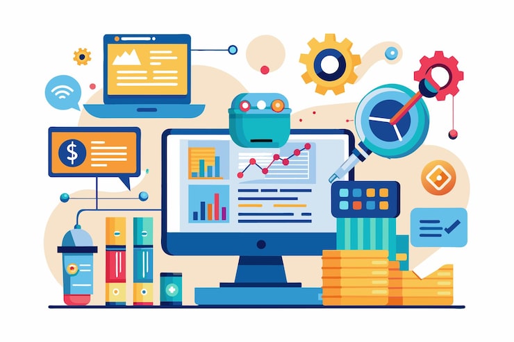 Vector a workspace shows a computer with statistical graphs and tools for automated data analysis automated processing of information with statistical reports from database analysis