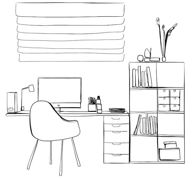 Эскиз рабочей области Стул, стол, компьютер, офисная мебель, эскиз