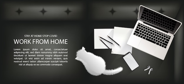 Workspace on sofa for social distancing, work from home with lovely pet concept infographic