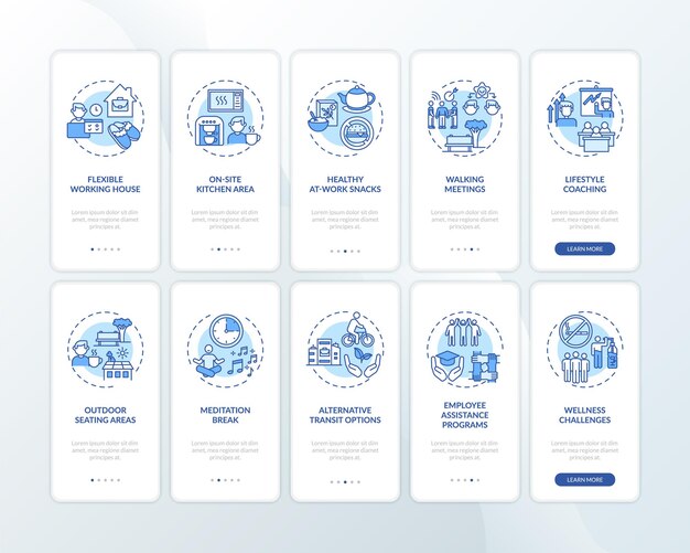 Workspace wellness onboarding mobile app page screen with concepts set
