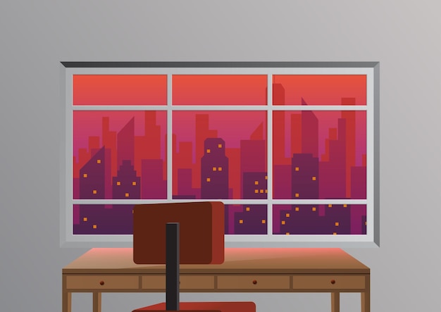 Workspace window with city skyline at dusk