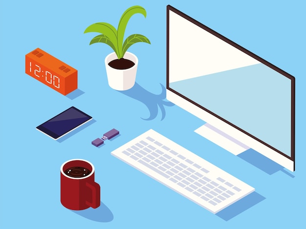 Vector workspace with computer and coffee cup. isometric style