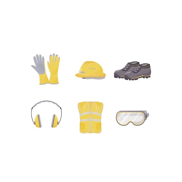 Vector workwear, personal protective equipment flat color objects set