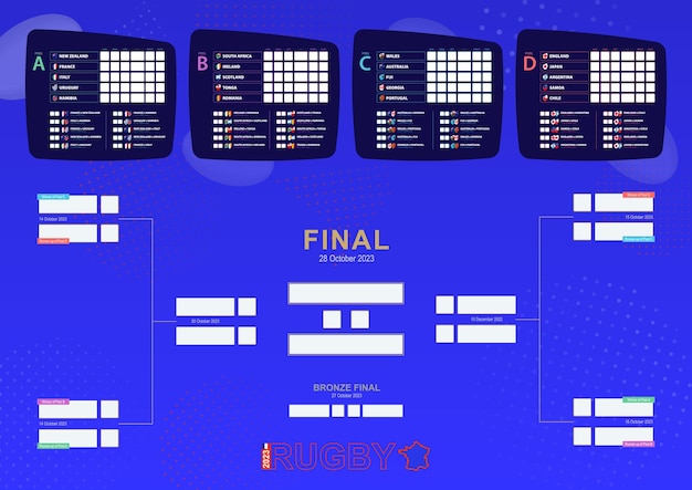 Vettore programma delle partite del mondo 2023 tabella dei risultati del torneo di rugby con bandiere dei partecipanti