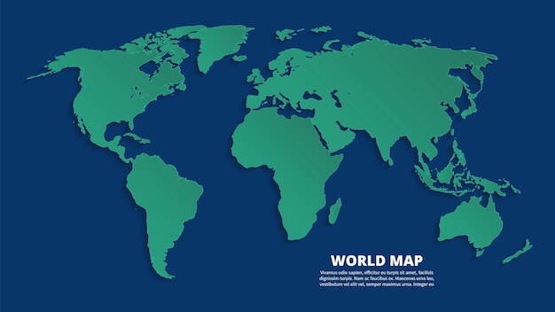 Mappa del mondo 3d. mappa di terra verde su sfondo blu. modello di vettore per infografica aziendale, concetto di eco