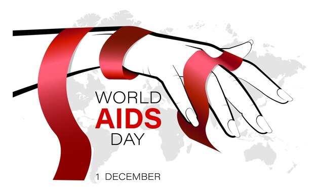 World AIDS Day 1 December Red ribbon on female hand against background of continents of earth Poster for World AIDS Day Vector