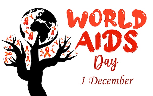 World AIDS Day Awareness Red Ribbon met wereldkaart en boomconcept. Kweekhulpmiddelen wereldwijd. Hiv