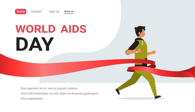 World aids day awareness red ribbon sign man run for cure concept medical prevention