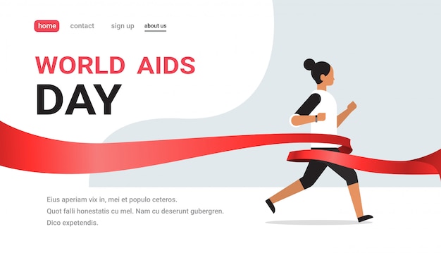 World aids day awareness red ribbon sign woman run for cure concept medical prevention