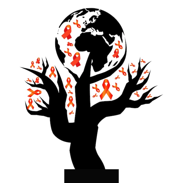 World AIDS Day Awareness Red Ribbon with tree and world map symbolic concept. Grow Aids alert