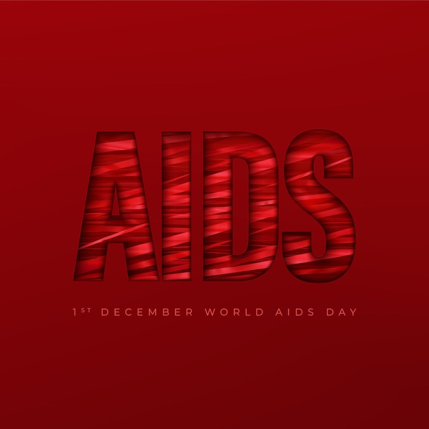 World aids day background. abstract red ribbons, threads, bandages inside the cut letters on a red backdrop. december 1st, aids awareness day. vector illustration