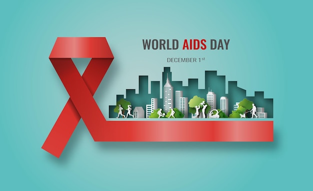 World aids day banner with red ribbon sign and city