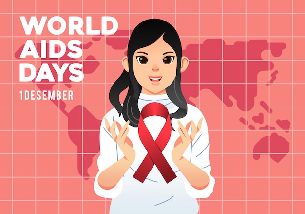 World aids day campaign poster, young women with aids logo on her hand and world map at background illustration