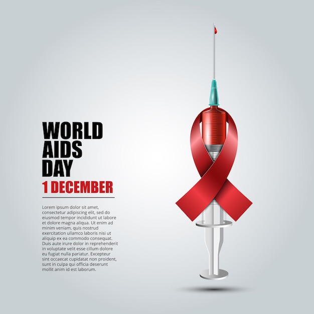 World Aids Day concept with syringe and red aids awareness ribbon Vector illustration.