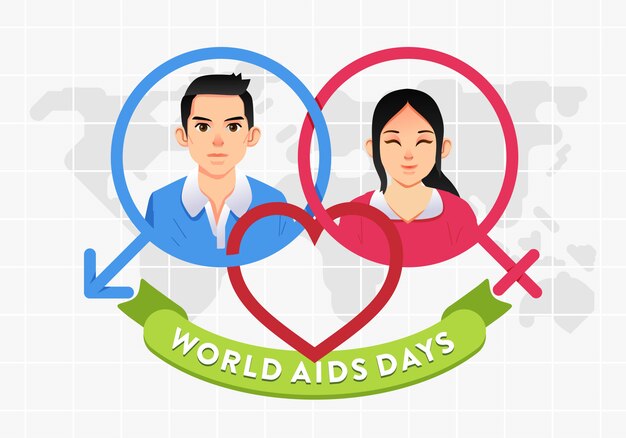 Vector world aids day poster campaign with man and women character on gender icon and world map as background illustration